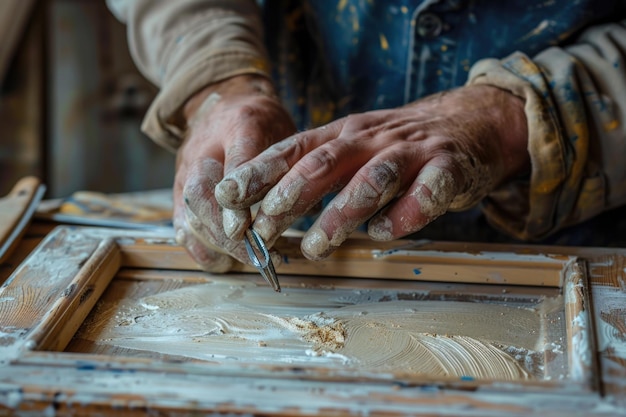 Zbliżenie człowieka lakierującego drewnianą ramę narzędziami DIY