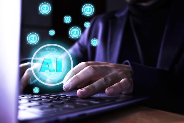 zbliżenie człowieka używającego komputera z sztuczną inteligencją ikony używanie sztucznej inteligencji