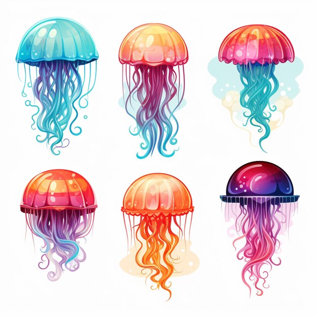 zbliżenie czterech meduz o różnych kolorach i kształtach generatywnej ai