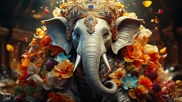 Zbliżenie dekoracyjne rzeźby Pana Ganesha z kwiatami pomysł na pocztówkę