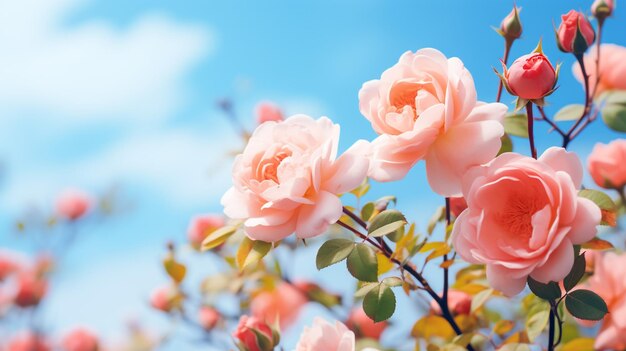 Zbliżenie delikatnej gałęzi kwiatów wiśni z różowymi kwiatami na różowym i niebieskim tle z przestrzenią dla tekstu w przyrodzie wiosennej