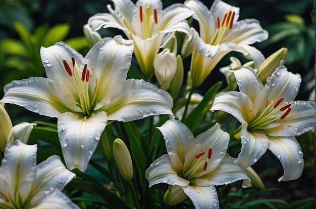 Zbliżenie delikatnych białych lilii kwitnących w ogrodzie