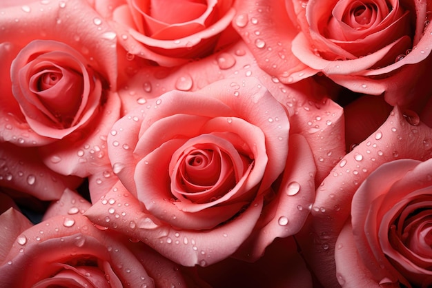 Zbliżenie delikatnych różowych róż z kropelami rosy na tle