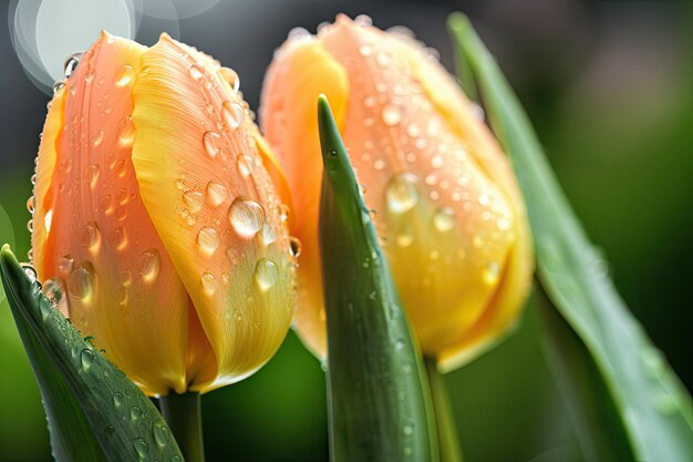 Zbliżenie delikatnych wiosennych tulipanów z kroplami rosy na każdym płatku