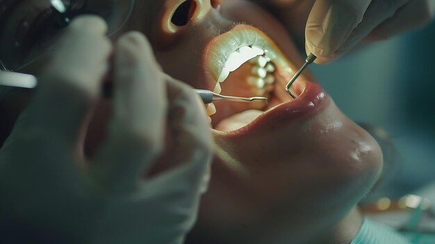 Zbliżenie dentysty badającego zęby pacjenta za pomocą lustra ustnego i eksploratora w klinice stomatologicznej