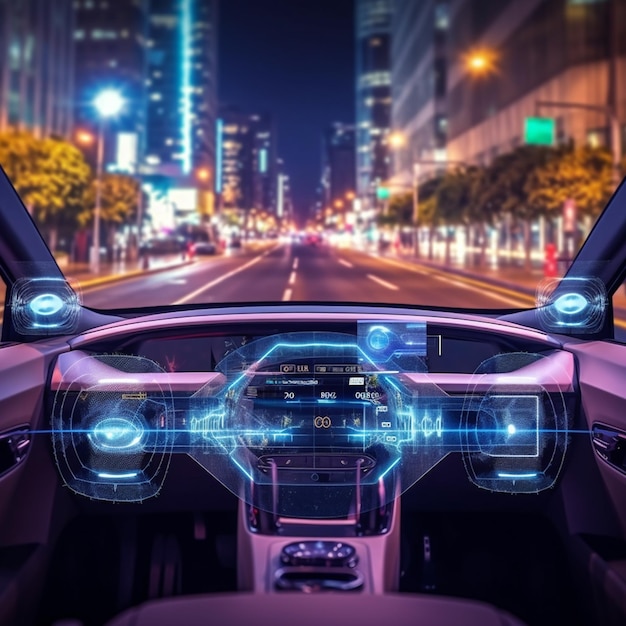 zbliżenie deski rozdzielczej samochodu z futurystycznym wyświetlaczem generatywny ai
