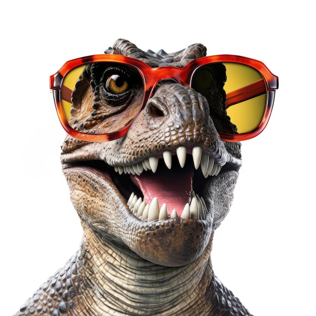 Zbliżenie dinozaura z okularami przeciwsłonecznymi na białym tle