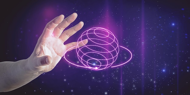 Zbliżenie dłoni biznesmena trzymającej abstrakcyjny kreatywny hologram metaverse na rozmytym tle gwiaździstego nieba Przyszłość i koncepcja meta Podwójna ekspozycja
