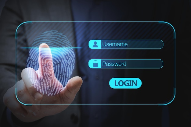 Zbliżenie dłoni biznesmena za pomocą świecącego abstrakcyjnego interfejsu linii papilarnych na rozmytym tle Cyfrowa koncepcja bezpieczeństwa i informacji