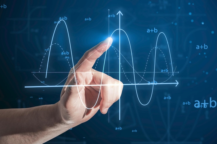 Zdjęcie zbliżenie dłoni człowieka biznesu, wskazując na abstrakcyjny świecący wykres formuły matematycznej na niebieskim tle równanie danych cyfrowych i koncepcja aplikacji matematycznej