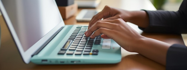 Zbliżenie dłoni kobiety biznesu pracujących i piszących na klawiaturze laptopa na stole Utworzono za pomocą technologii Generative AI