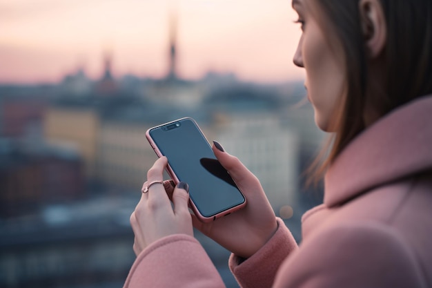 Zbliżenie dłoni kobiety trzymającej smartfon wpisując wiadomość tekstową z niewyraźnym pejzażem miejskim w tle Generative Ai