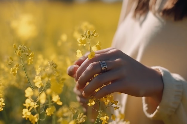 Zbliżenie dłoni kobiety trzymającej żółty kwiat gwałtu Zbliżenie ręki dziewczyny dotykającej żółtego kwiatu gwałtu