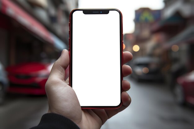 Zbliżenie dłoni trzymającej smartfon z makietą pustego ekranu na ulicy i samochodami w tle