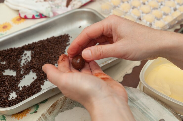 Zbliżenie dłoni wykonujących pyszne i tradycyjne brazylijskie cukierki o nazwie Brigadeiro w brazylijskim portugalskim.