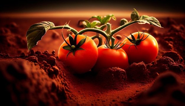 Zbliżenie dojrzałych pomidorów rosnących na glebie Generative AI