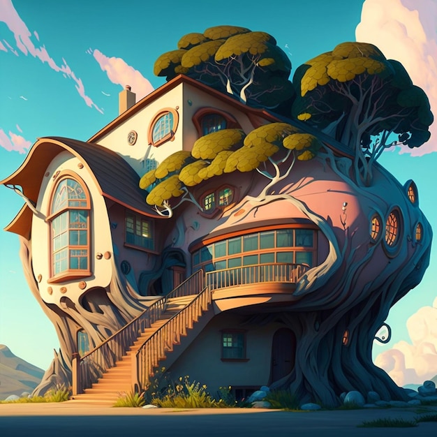 zbliżenie domu z drzewem na dachu generatywny ai