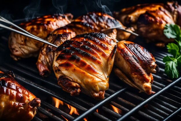 Zbliżenie doskonale grillowanego kurczaka na grillu błyszczącego z miodem, sosem BBQ i posypkiem