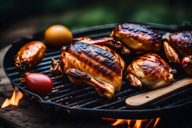 Zdjęcie zbliżenie doskonale grillowanego kurczaka na grillu błyszczącego z miodem, sosem bbq i posypkiem