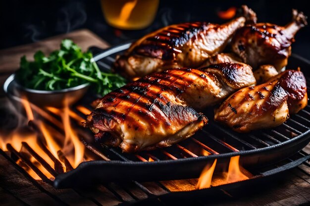 Zdjęcie zbliżenie doskonale grillowanego kurczaka na grillu błyszczącego z miodem, sosem bbq i posypkiem