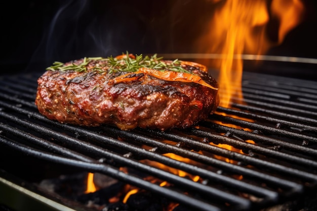 Zbliżenie doskonale ugotowanego burgera na eleganckim grillu