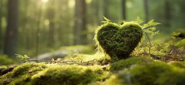 Zbliżenie drewnianego serca na mchu Naturalny grób pochówku w lesie Generacyjna sztuczna inteligencja