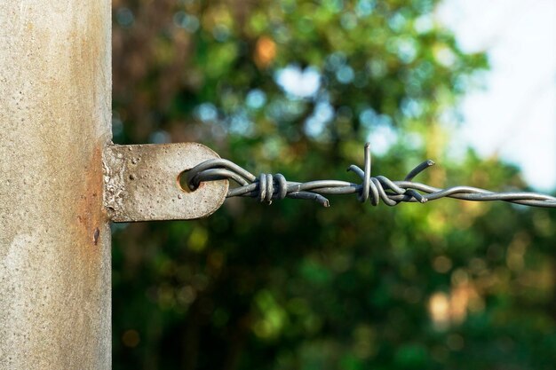 Zdjęcie zbliżenie drutu kolczastego na metalowym ogrodzeniu