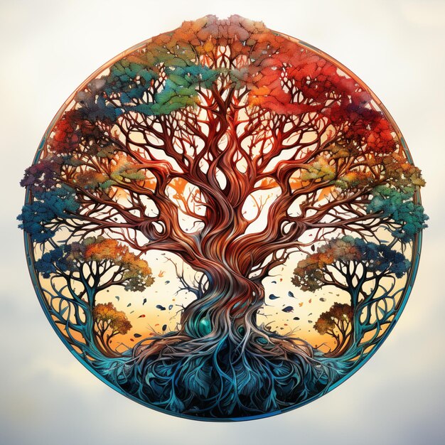 Zdjęcie zbliżenie drzewa z tłem niebieskim i kręgu z drzewem generatywnym ai