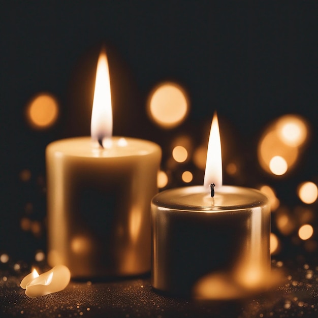 Zbliżenie dwóch białych płonących świec na świątecznym tle bokeh, koncepcja wakacji