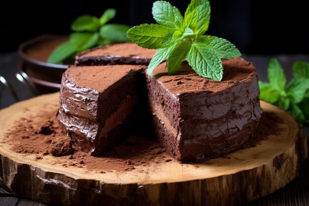 Zdjęcie zbliżenie dwóch kawałków smacznego ciasta czekoladowego na drewnianej desce
