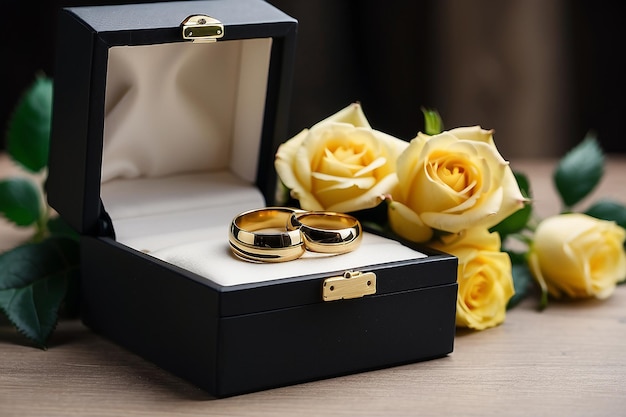 Zbliżenie dwóch pierścieni ślubnych w pudełku z żółtymi różami w pobliżu