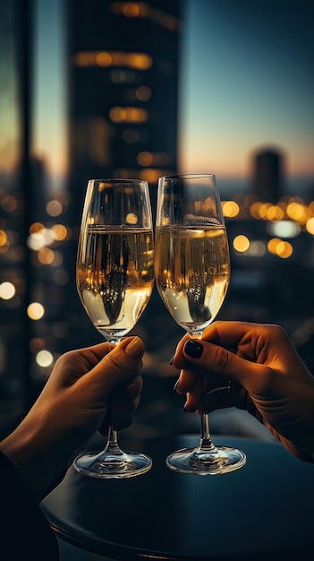 Zbliżenie dwóch rąk podnoszących szklankę szampana w pomieszczeniu widok na miasto tło noworoczne świętowanie toast koncepcja generatywna sztuczna inteligencja