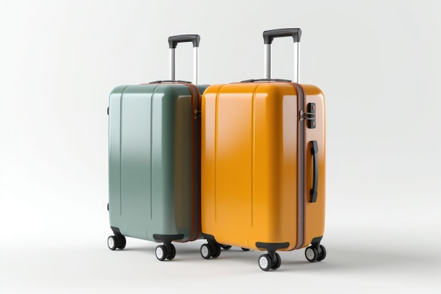 Zbliżenie dwóch stylowych dużych niebieskich i żółtych walizek podróżnych na białej kopii przestrzeni Generative AI