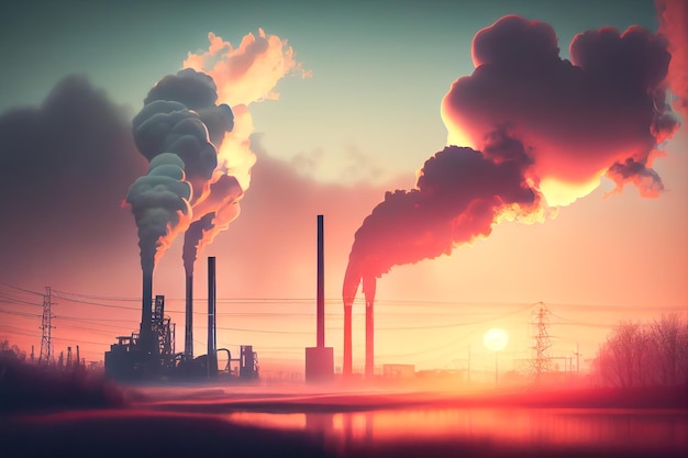 Zbliżenie dymiących kominów fabryki zanieczyszczenia środowiska Generative AI