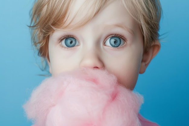 Zbliżenie dziecka trzymającego kij z cukierkiem bawełnianym
