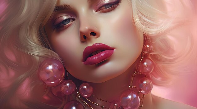 zbliżenie dziewczyny z różowymi ustami i złotymi perłami