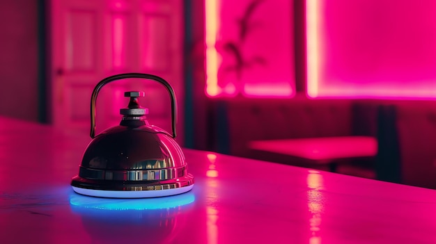 Zdjęcie zbliżenie dzwonka hotelowego na liczniku z niewyraźnym tłem restauracji z różowymi neonowymi światłami