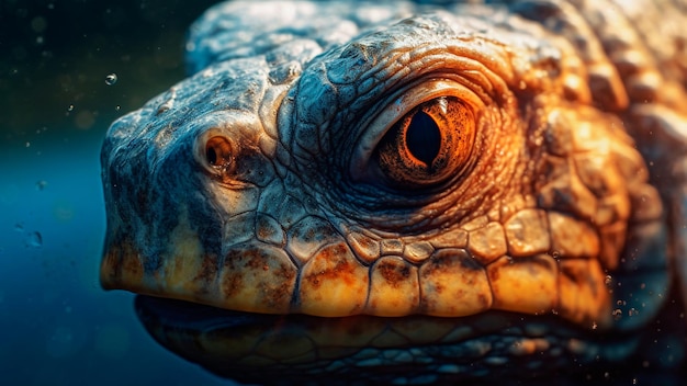 Zbliżenie efektownej łuskowatej skóry żółwia i paciorkowatych oczu Generacyjna sztuczna inteligencja