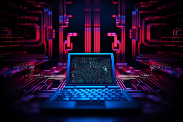 Zdjęcie zbliżenie ekranu komputera na niebiesko-czerwonym tle