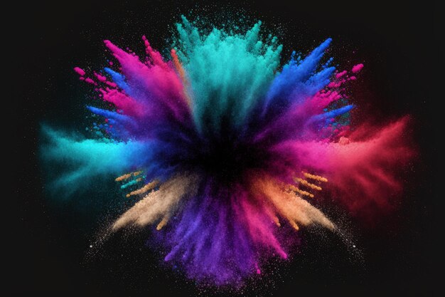 Zbliżenie eksplozji kolorowego proszku na tle Abstrakcyjny pył żywy i kolorowa farba reprezentująca koncepcję Holi Fantasy Malarstwo ilustracyjne Generatywna sztuczna inteligencja