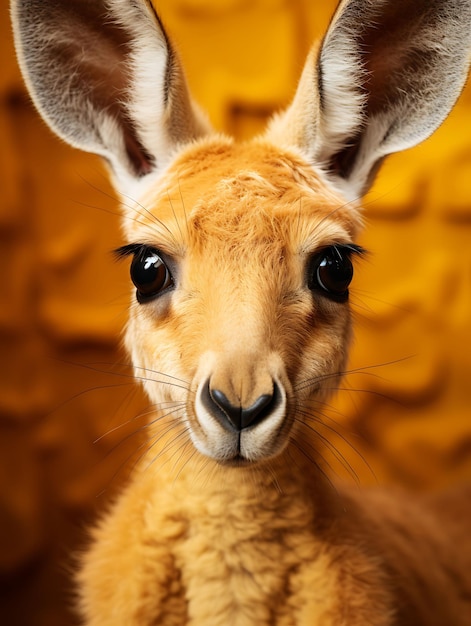 Zbliżenie ekspresyjnych oczu ciekawego kangura w hiperrealistycznej ilustracji fotograficznej