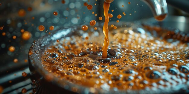 Zdjęcie zbliżenie espresso wylewanego z maszyny do kawy profesjonalne parzenie kawy