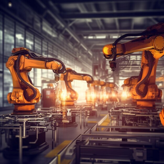 Zbliżenie fabryki z robotami pracującymi na taśmie przenośnej