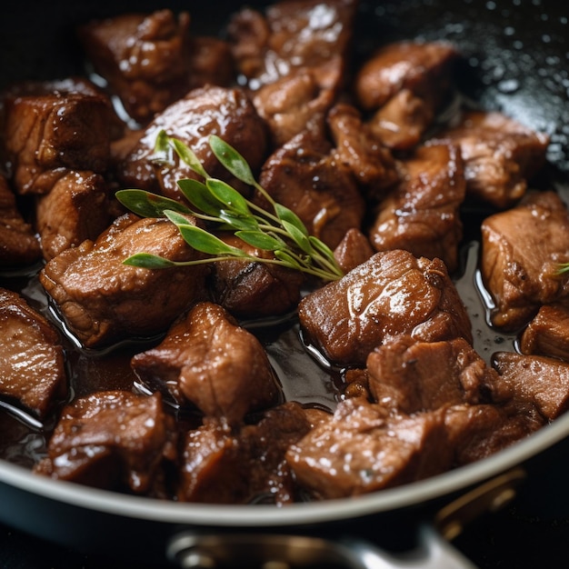 Zbliżenie filipińskiego adobo z ryżem i ziołami