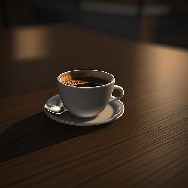 Zbliżenie filiżanki kawy na drewnianym stole Fotografia przy słabym oświetleniu