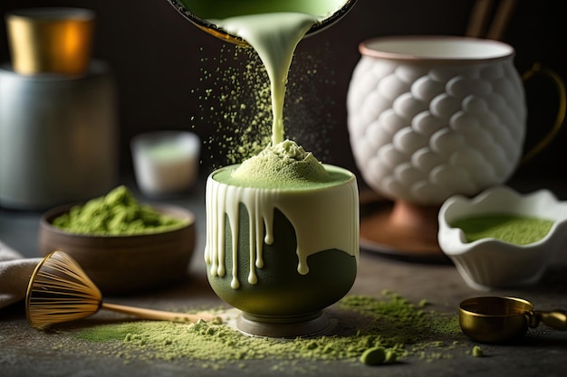 Zdjęcie zbliżenie filiżanki zielonej herbaty matcha latte w białej filiżance z proszkową latte art gorącą generatywną sztuczną inteligencją