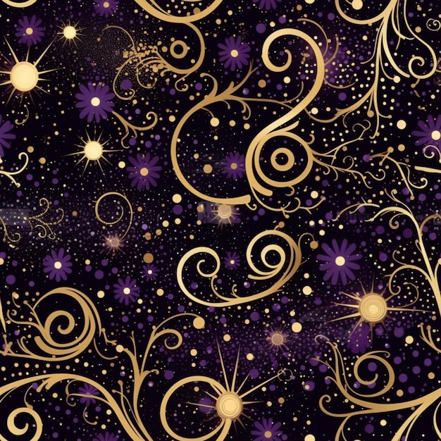 Zdjęcie zbliżenie fioletowego i złotego tła z generatywnymi wirami i gwiazdami ai