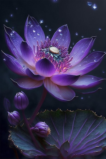 Zbliżenie fioletowego kwiatu lotosu na stawie z kroplą wody Utworzono za pomocą technologii Generative AI