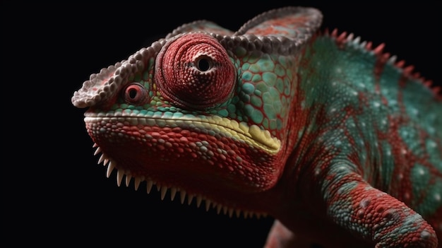 Zbliżenie fioletowo-czerwonego kameleona patrzącego w kamerę pod kątem bocznym na czarnym tle