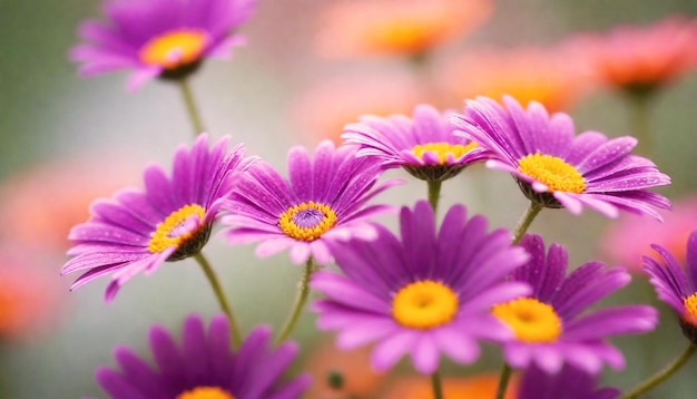 Zbliżenie fioletowych i pomarańczowych kwiatów przypominających margaritę z miękkim tłem